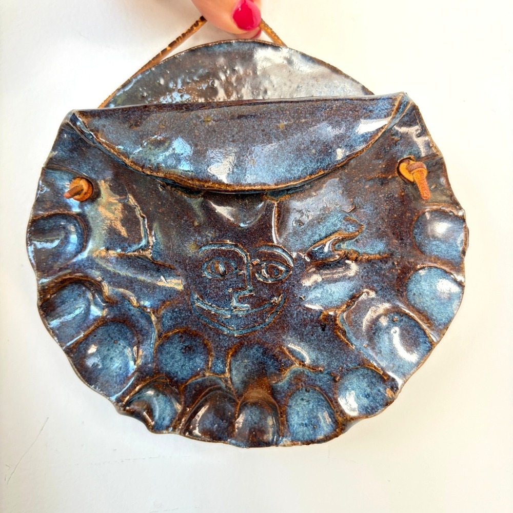 D Calhoun 1980 Vintage Studio Pottery Sun Face Wall Pocket Planter Blue Glaze